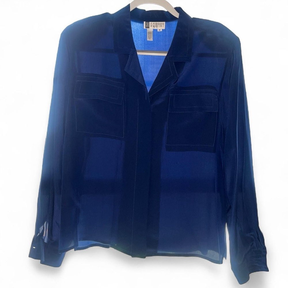 SK & Company Navy Sheer Blue blouse Top Sz 14 office siren corporate Old Money
